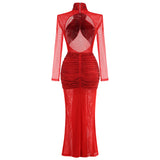 Slinky Mesh Long Sleeve Maxi Dress in Ruby