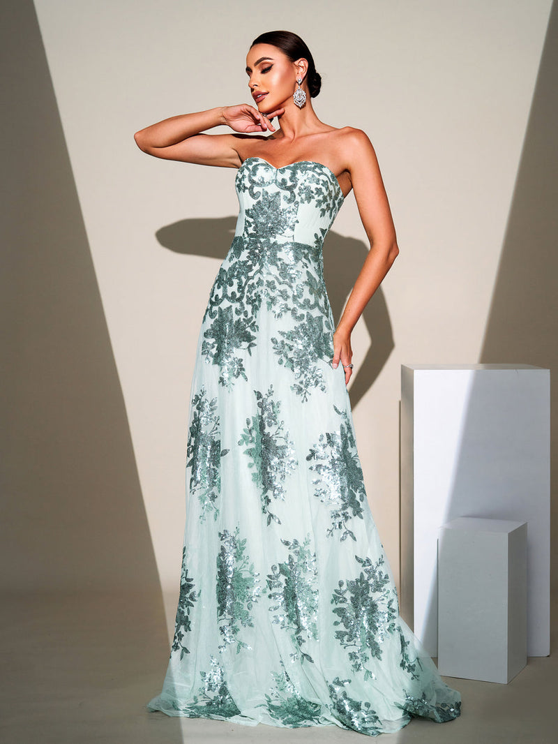 DINAH STRAPLESS SEQUIN A-LINE MAXI DRESS IN GREEN