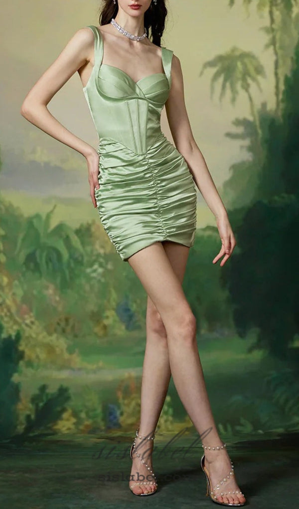 CUSI CORSET RUCHED MINI DRESS IN GREEN