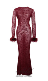 burgundy mesh feather maxi dress