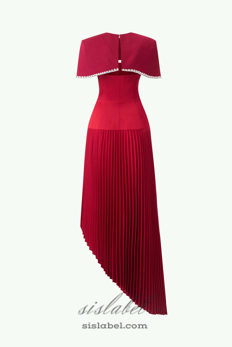 Spaghetti Strap Asymmetric Pleated midi Dress in red