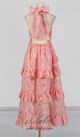 halter flower rruffle maxi dress in pink