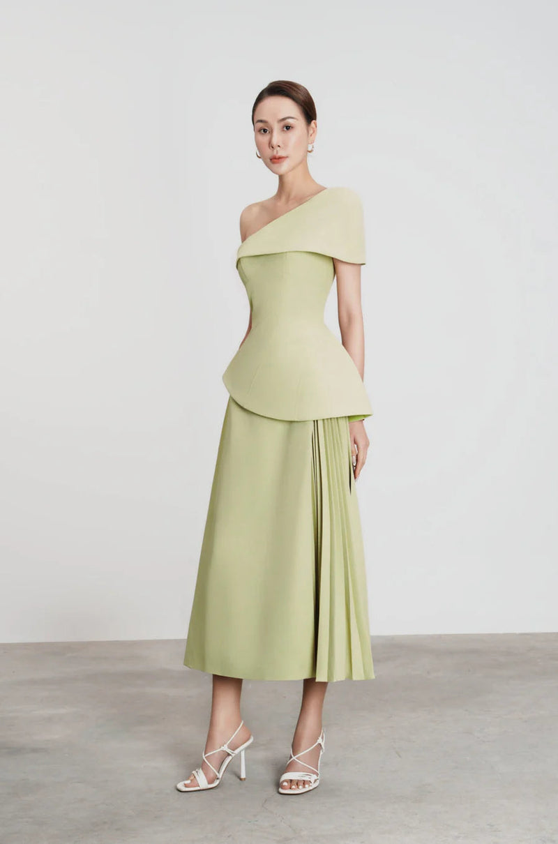 One Shoulder Top Flare Midi Skirt suit in Olive Green