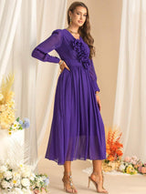 three-dimensional flower v-neck purple chiffon maxi dress