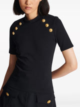 BLACK BUTTON-EMBELLISHED KNITTED T-SHIRT