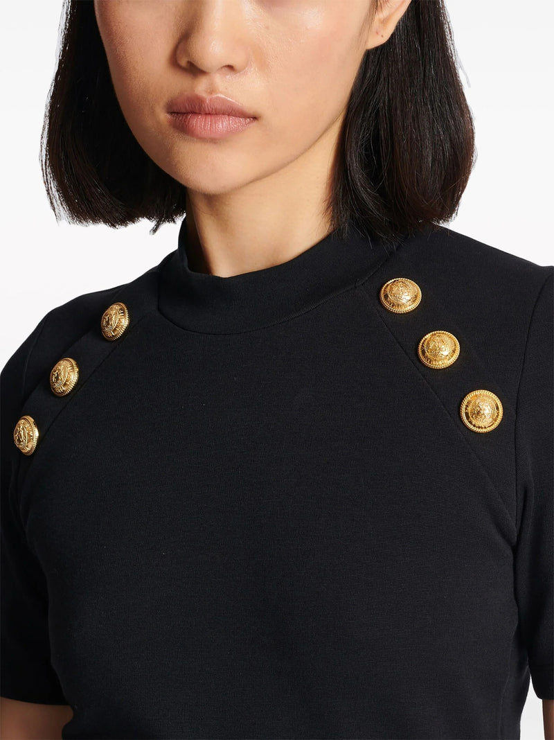 BLACK BUTTON-EMBELLISHED KNITTED T-SHIRT