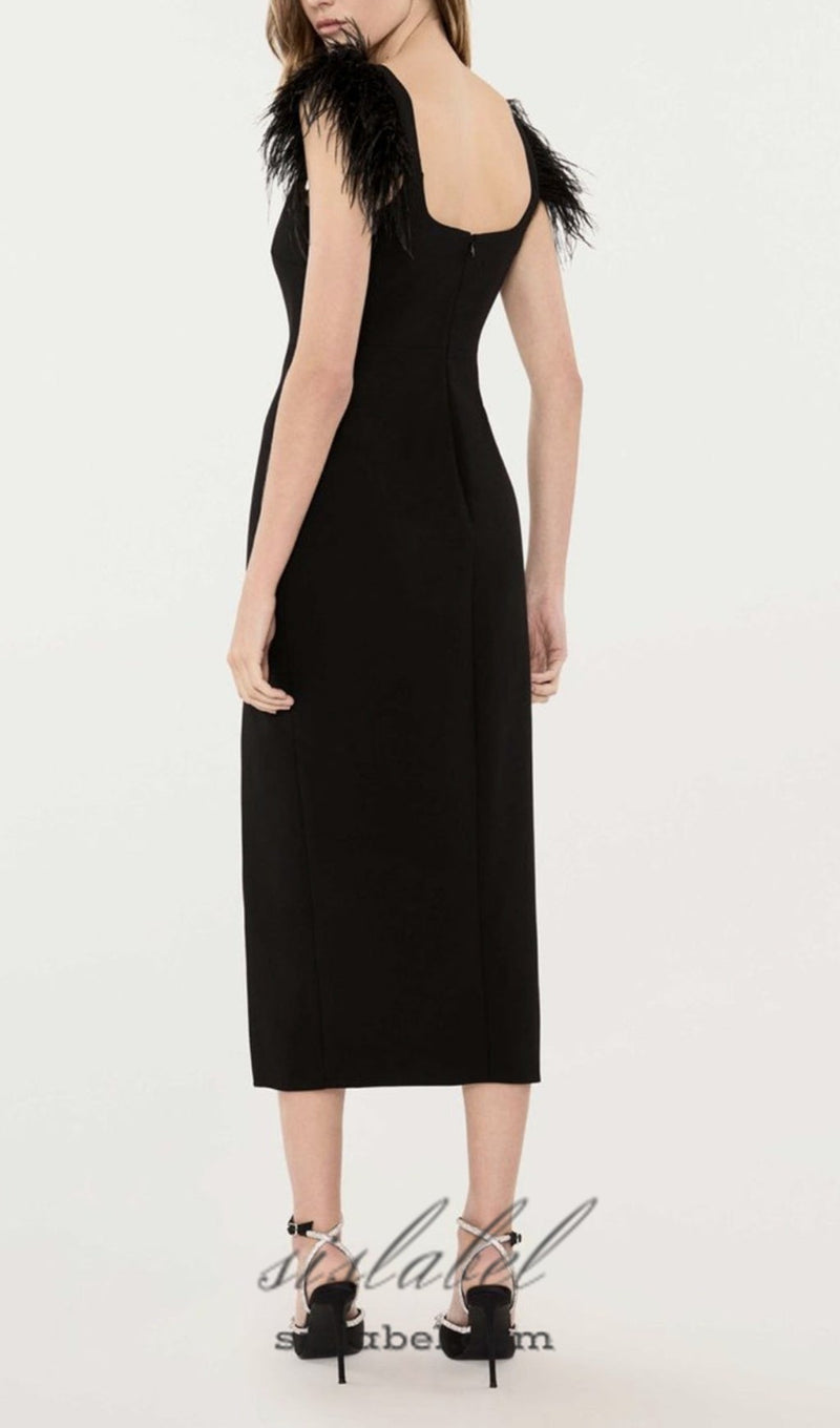 CARI BLACK BOW FEATHER BANDAGE MIDI DRESS