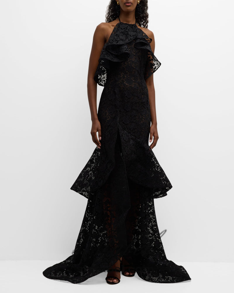 LYNN GARDENIA GUIPURE LACE RUFFLE GOWN IN BLACK