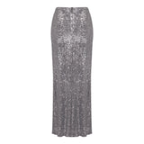 ELVIRA FLORAL-APPLIQUÉ SEQUINED MAXI SKIRT IN SLIVER