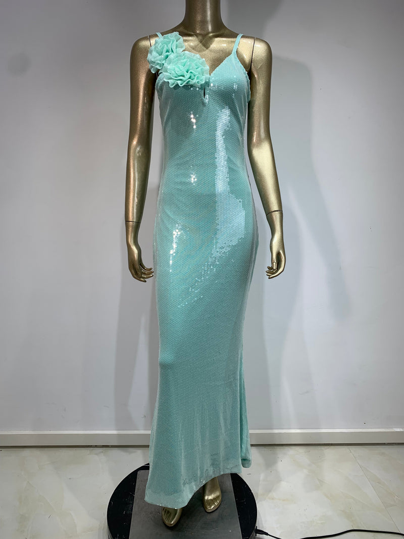 TEAL FLORAL EMBELLISHED BODYCON SEQUIN MAXI DRESS