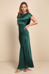 satin cowl back maxi dress in forest green