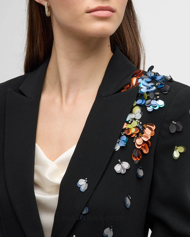 Sequin Flower Scrunched black Blazer set