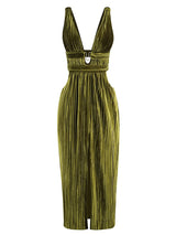 CUTOUT PLUNGE MIDI DRESS IN LIME GREEN