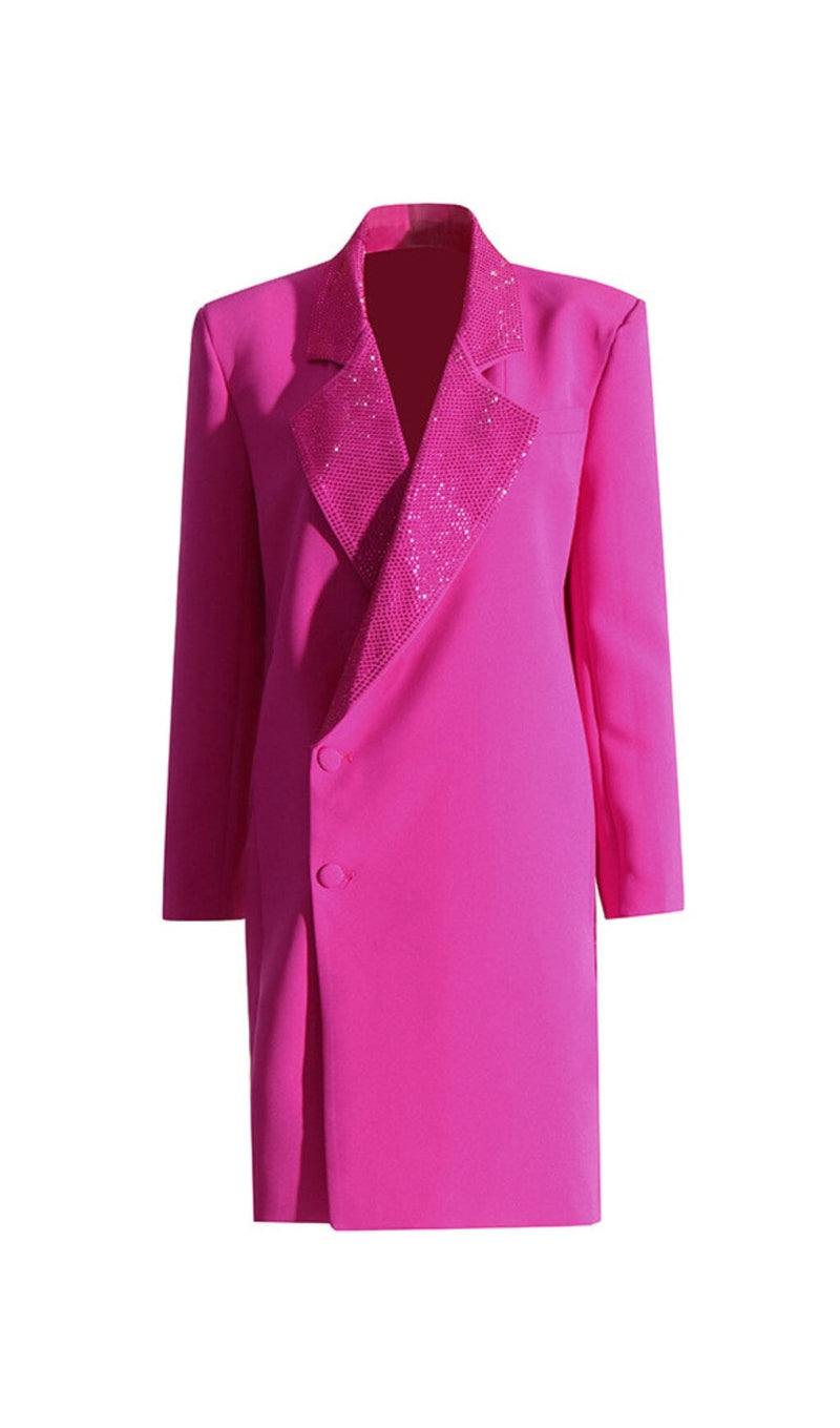 RHINESTONE V NECK COAT IN HOT PINK