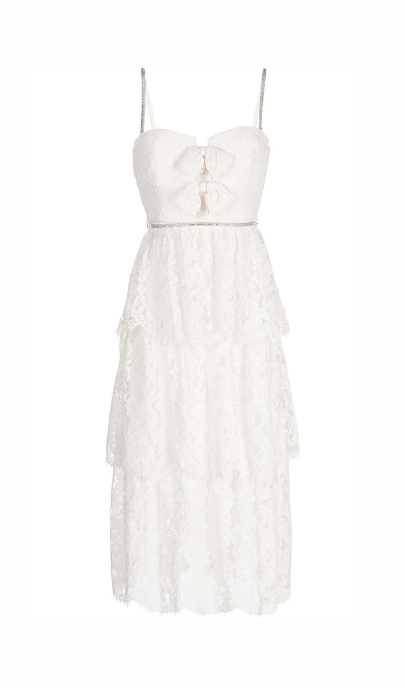 FRONT BOW TIERED MIDI DRESS IN WHITE