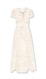 BOW-EMBELLISHED FLORAL-LACE MIDI DRESS IN BEIGE