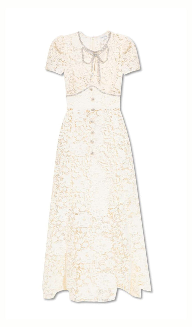 BOW-EMBELLISHED FLORAL-LACE MIDI DRESS IN BEIGE