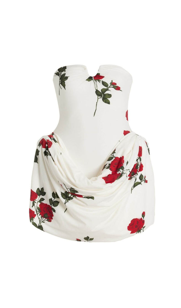 FLORAL-PRINTED PLEATED STRAPLESS MINI DRESS IN WHITE