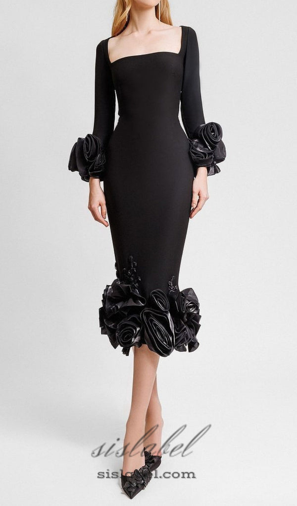 CATLIN BLACK FLOWER BANDAGE MIDI DRESS