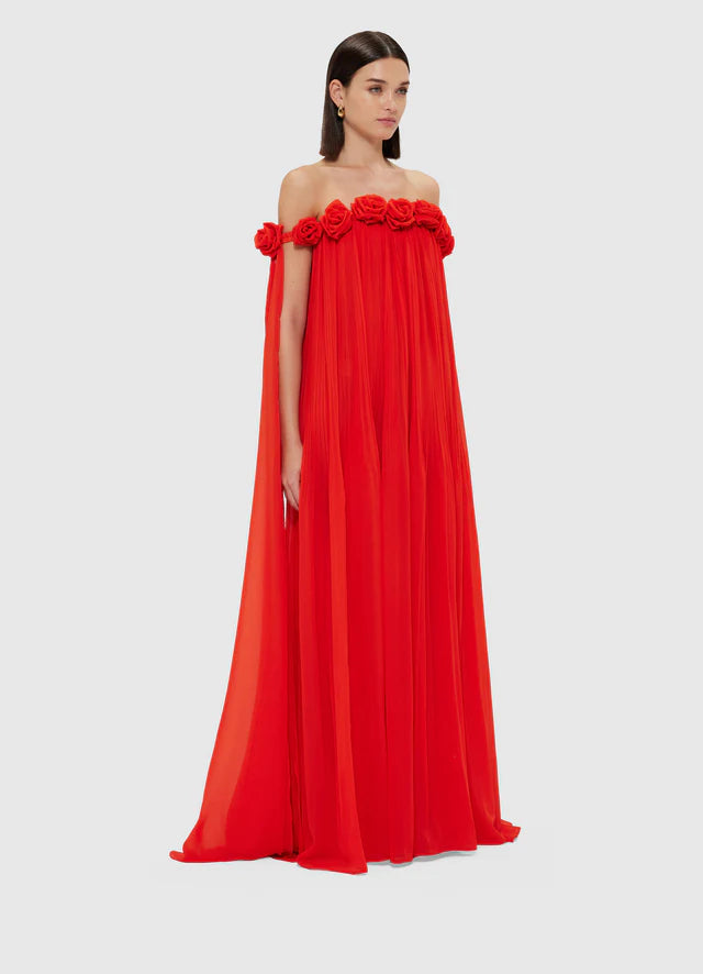 draped floor length dress in scarlet