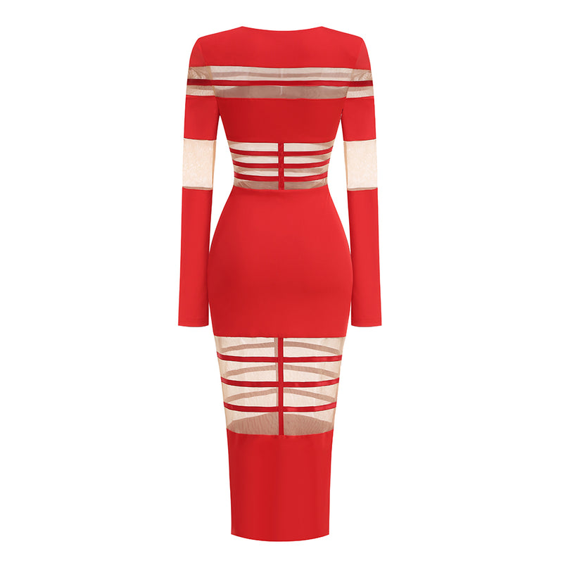 DORIS LONG SLEEVES MESH INSERT MIDI DRESS IN RED