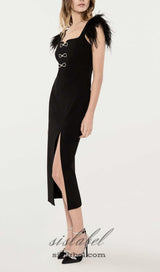 CARI BLACK BOW FEATHER BANDAGE MIDI DRESS