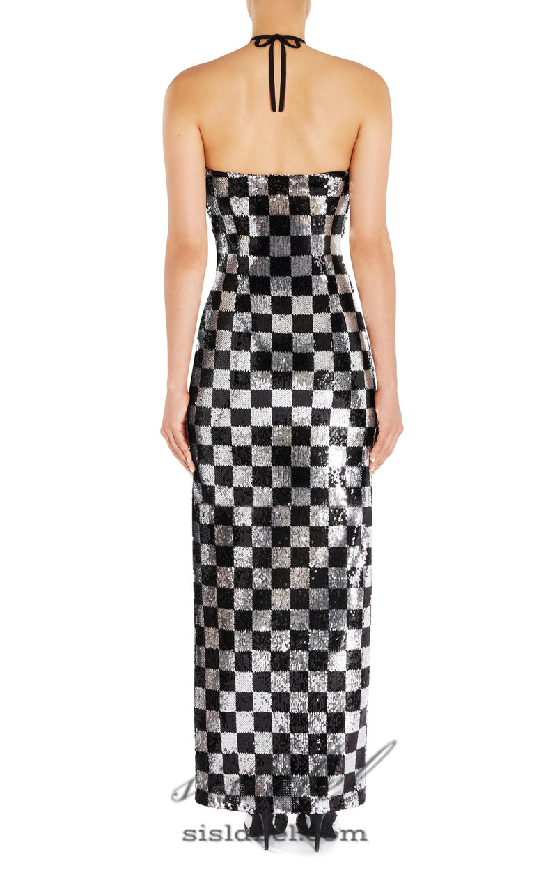 checkerboard sequin halter gown with flower