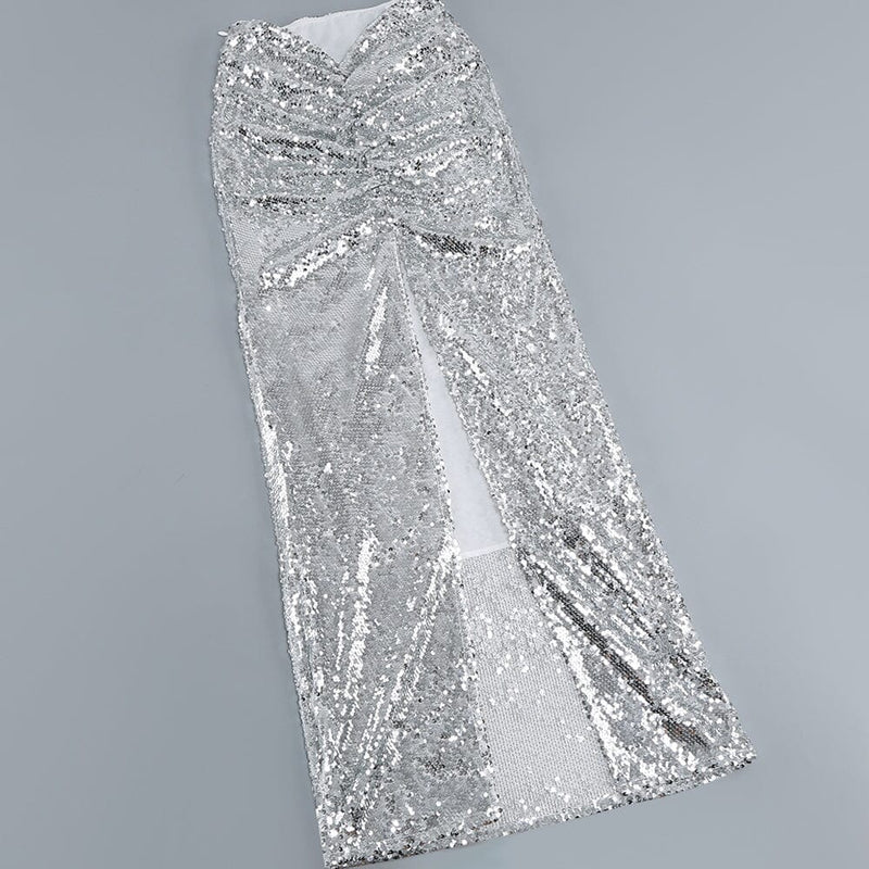 SEQUIN SLIT TWO-PIECE SUIT IN METALLIC SILVER