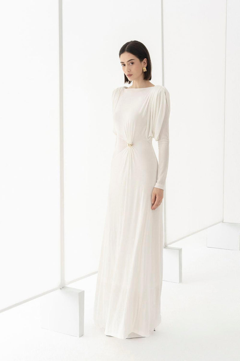 white straight boat neck knitted fabric maxi dress