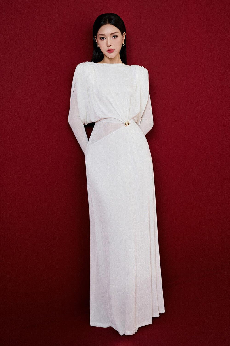 white straight boat neck knitted fabric maxi dress