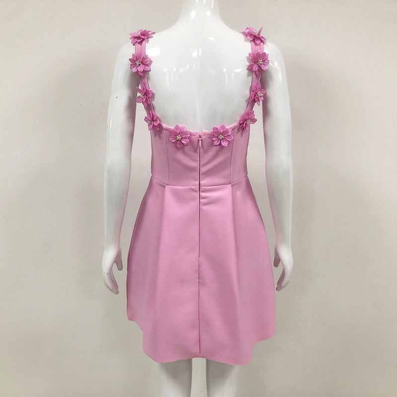 3D FLOWER NECK MINI DRESS IN PINK