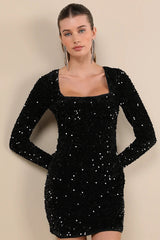 sequin-embellished back cutout mini dress in black