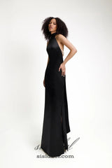 MIGNON SATIN BELT BACKLESS PEARL EMBELLISHED MAXI DRESS IN BLACK