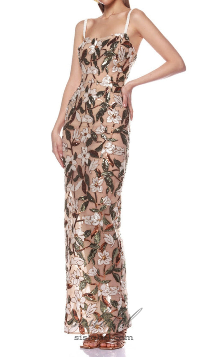 CARSEN STRAPPY FLOWER EMBROIDERY MAXI DRESS