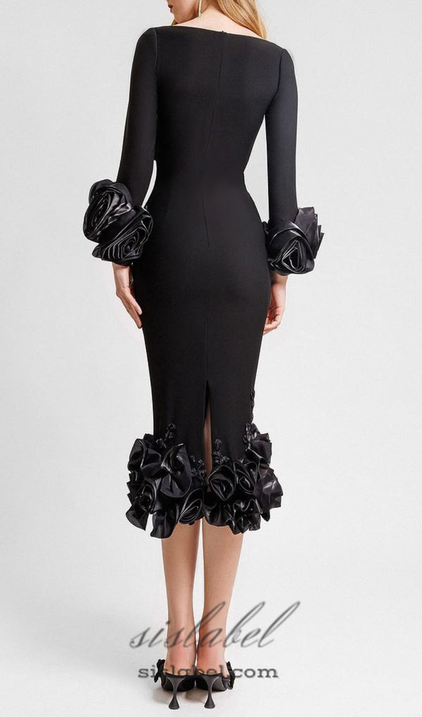 CATLIN BLACK FLOWER BANDAGE MIDI DRESS