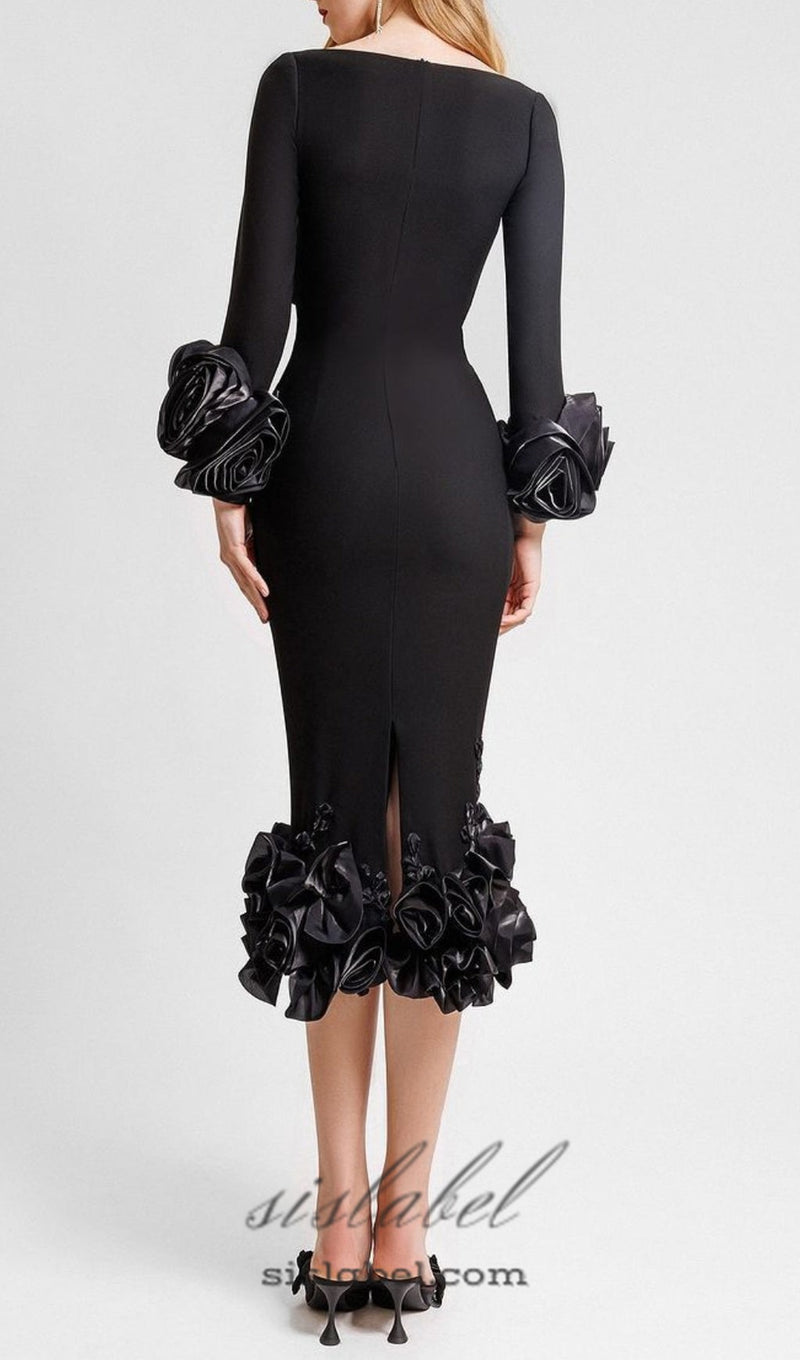 CATLIN BLACK FLOWER BANDAGE MIDI DRESS