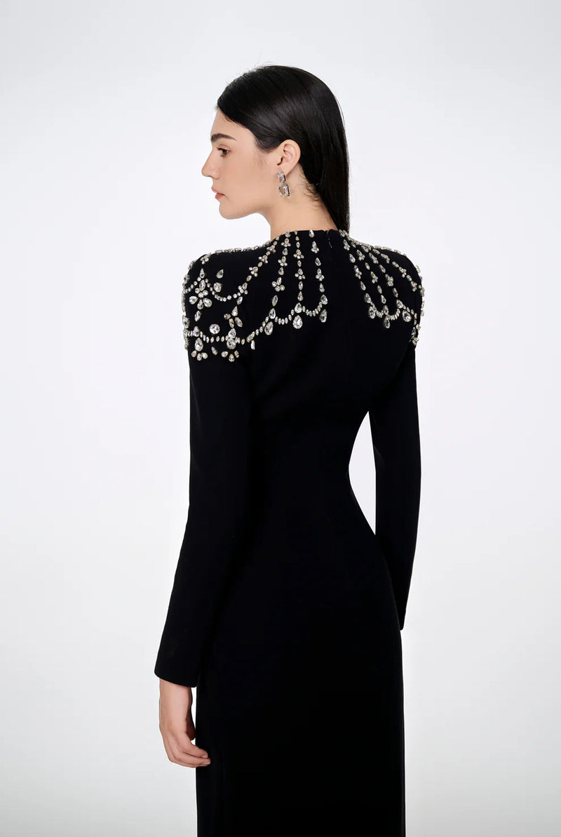 crystal-embellished black long sleeve maxi dress