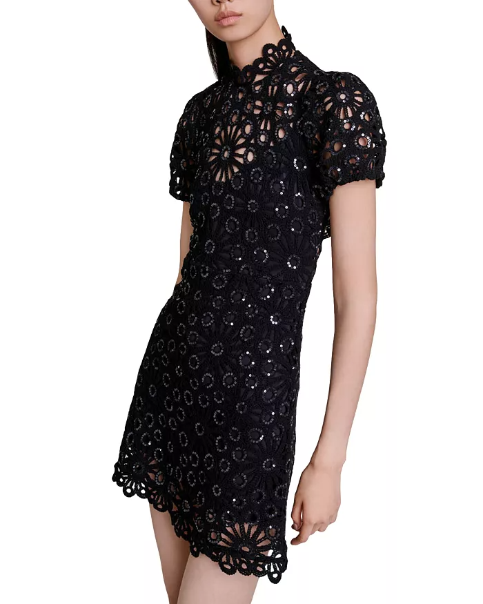 TRISTA BLACK HIGH COLLAR CUTOUT LACE MINI DRESS