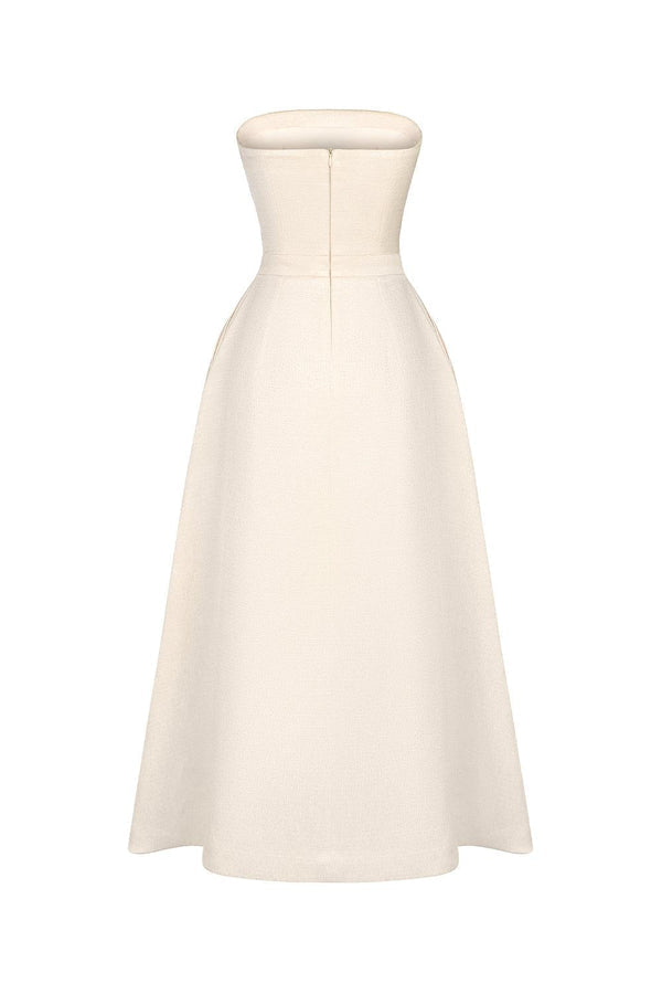 STRAPLESS STRAIGHT NECK MIDI DRESS IN CREAM WHITE