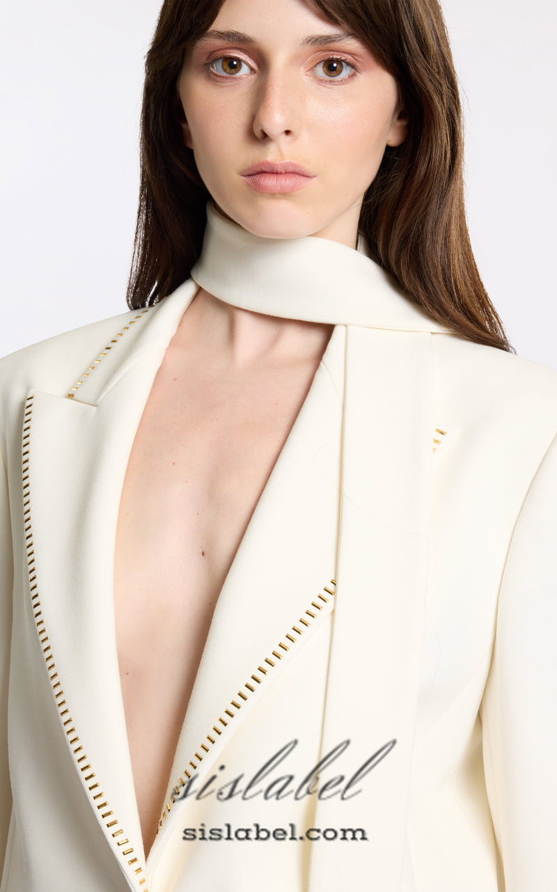 DEBORAH OFF-WHITE SCARF-DETAILED WOOL CREPE BLAZER