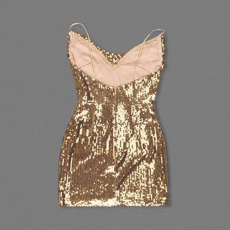 DRAPED SEQUINED TULLE MINI DRESS IN GOLD