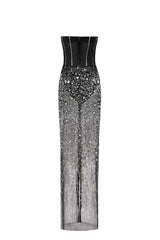 HAZEL CRYSTAL-COVERED STRAPLESS BLACK MAXI DRESS