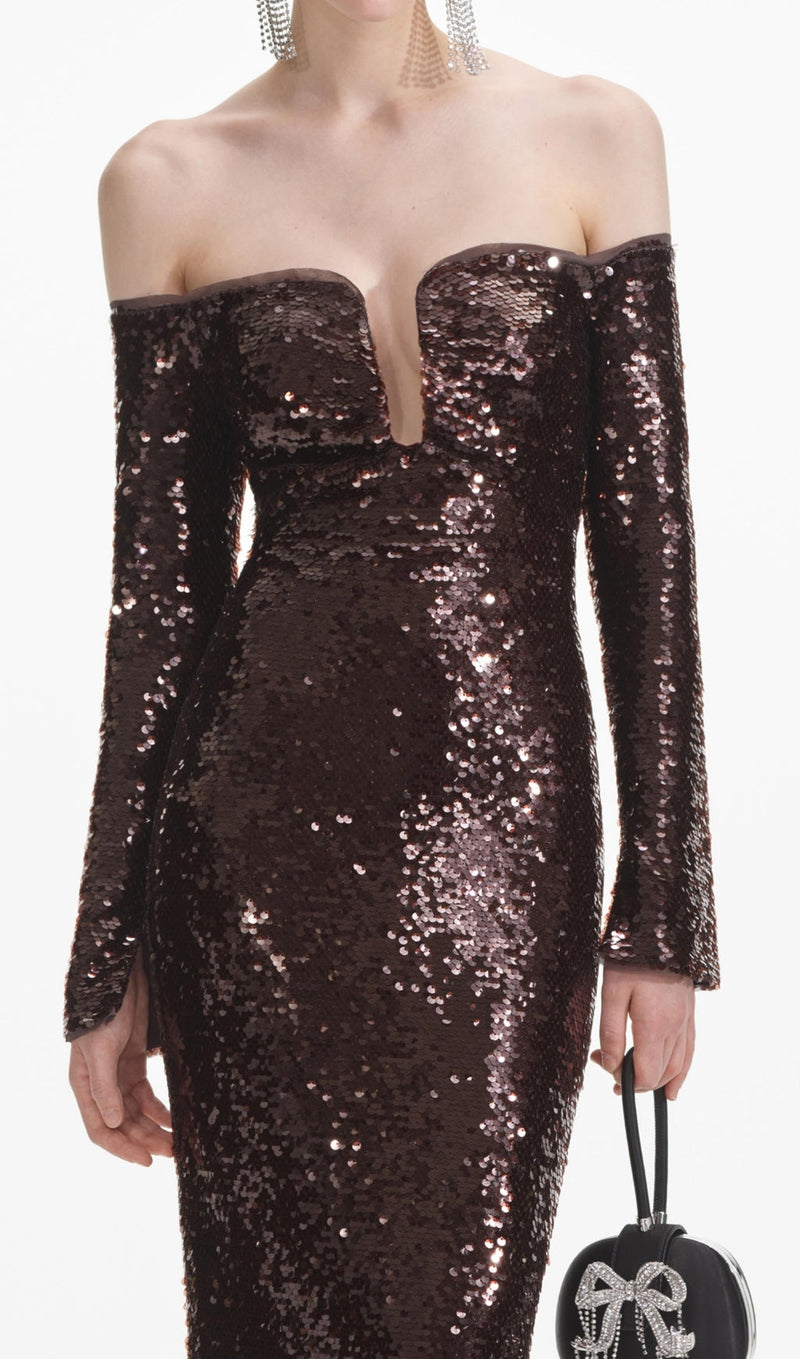 long sleeve sequin maxi dress in brown