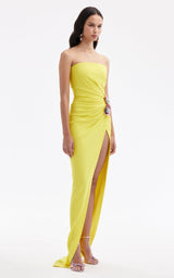 STRAPLESS FLOWER RUCHED MIDI DRESS IN YELLOW