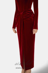 Bordeaux Velvet Draped midi Dress