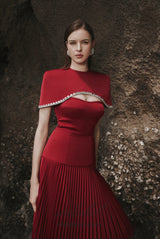 Spaghetti Strap Asymmetric Pleated midi Dress in red