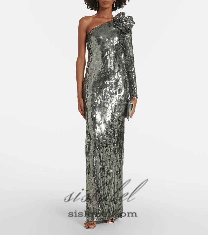 Floral-appliqué sequin gown in silver