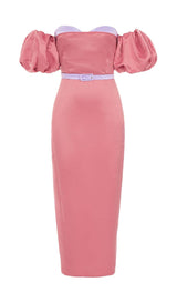 PUFF BODYCON SATIN MIDI DRESS IN ROSE