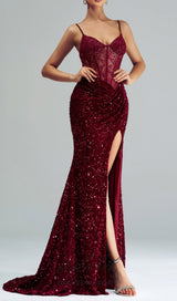 lace corset sequin maxi dress in red