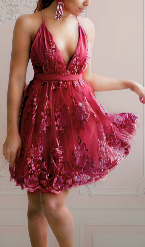 V NECK TULLE LACE SHORT BURGUNDY PROM DRESSES